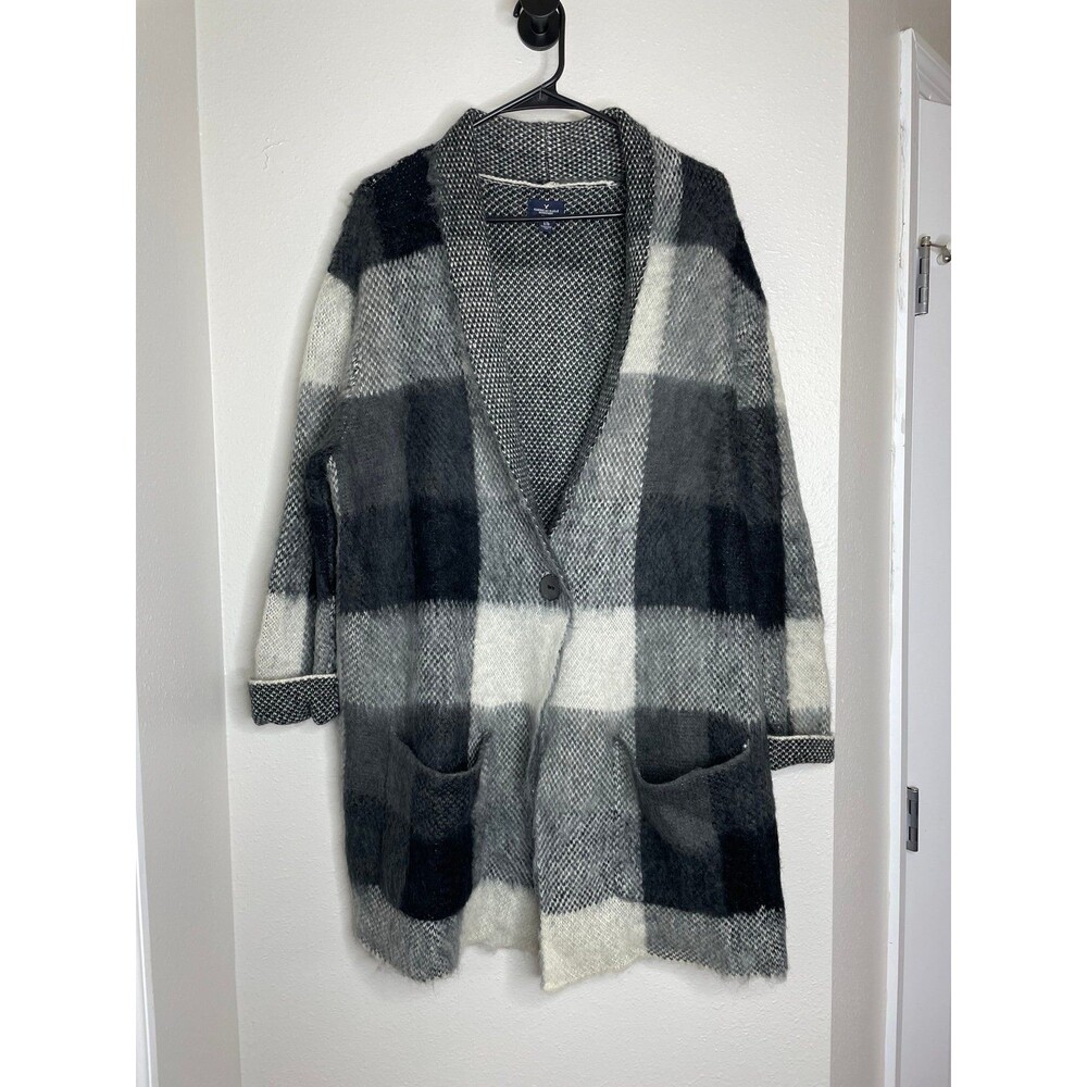 American Eagle Womens L/XL Plaid Knit Cardigan Button Front Pocket Sweater